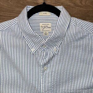 J Crew Seersucker Blue Striped Shirt (Large - Slim)